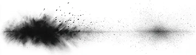 Black powder explosion spreads horizontally from a dense central cloud, scattering fine dust particles on a white background.