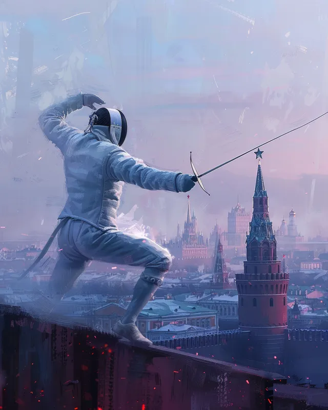 Minimalist fencer lunging on rooftop in Moscow at dusk, sword extended toward the skyline