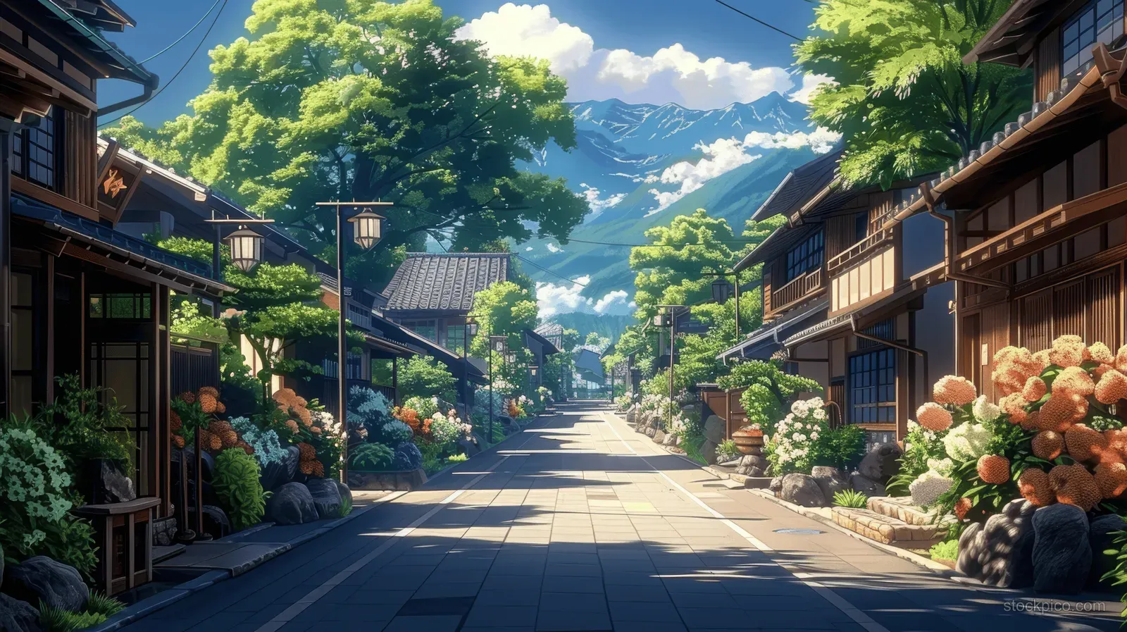Warm lantern-lit Japanese street with wooden houses, flower-lined sidewalks, and distant mountains under a dusk sky.