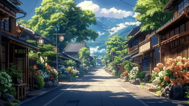 Anime-style quiet Japanese street at dusk with lantern light and flowering traditional houses