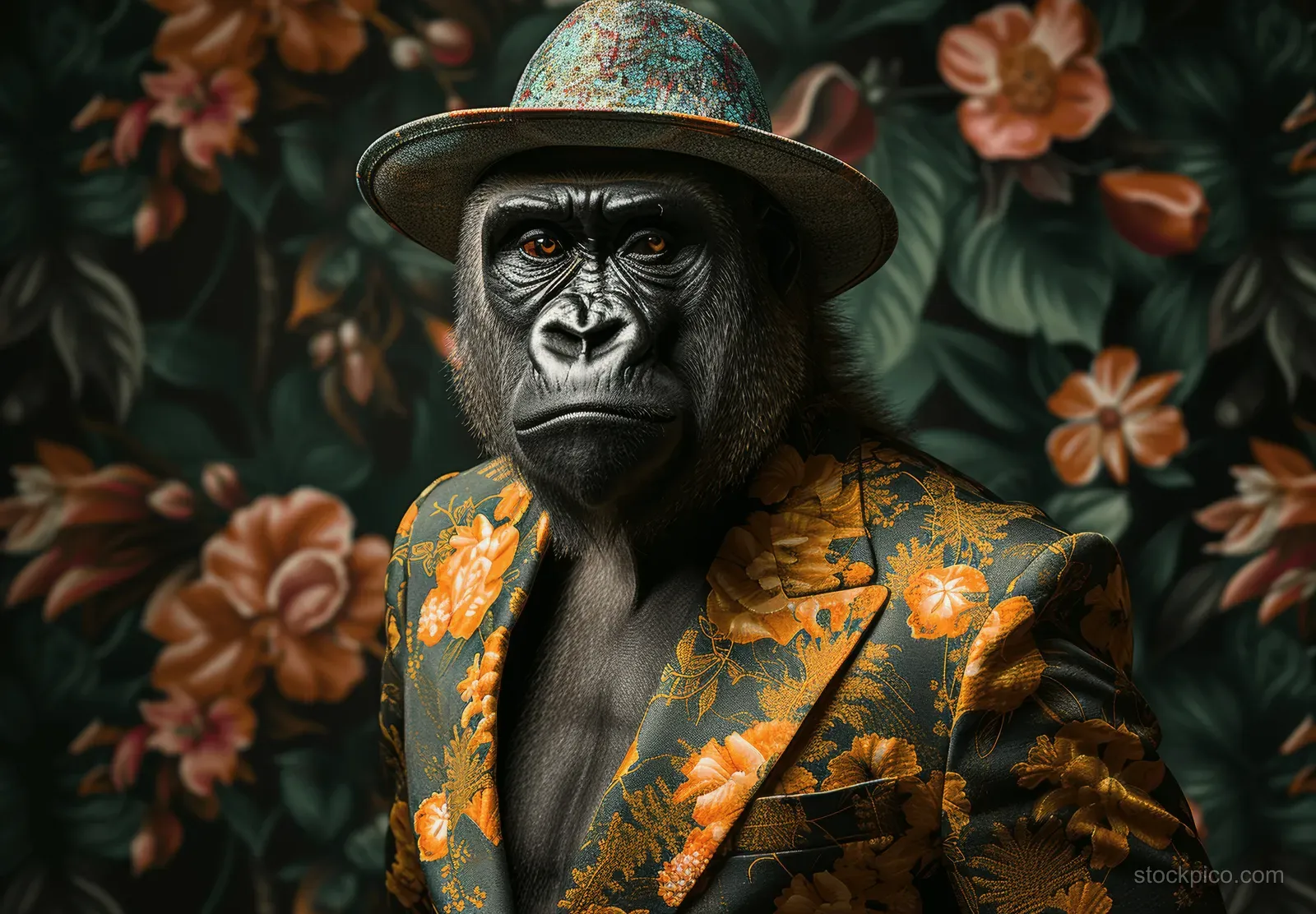 A gorilla wearing a floral blazer and hat poses against a jungle leaf and orange flower background.