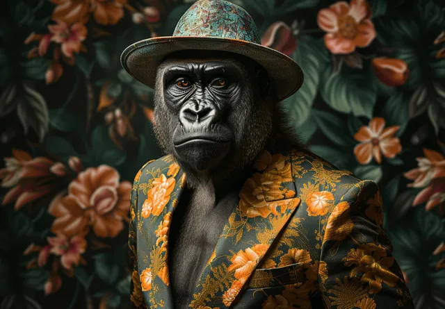 A gorilla wearing a floral blazer and hat poses against a jungle leaf and orange flower background.
