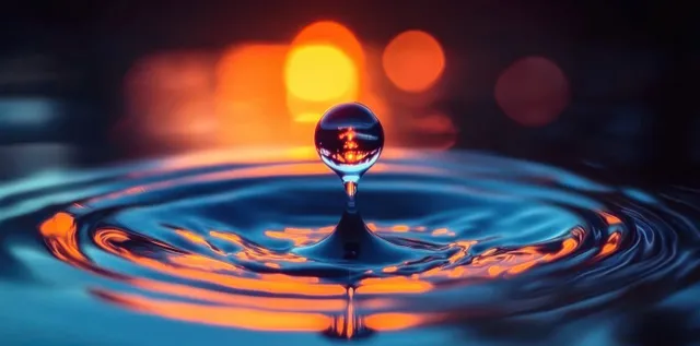 A suspended water droplet reflects warm orange and cool blue lights above rippling water.