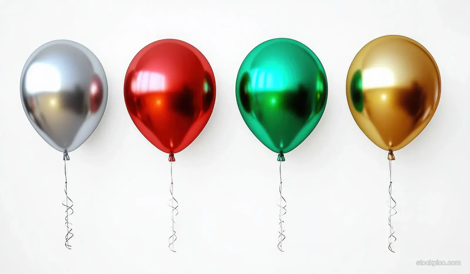 Four shiny metallic balloons in silver, red, green, and gold floating on a plain white background with strings visible.