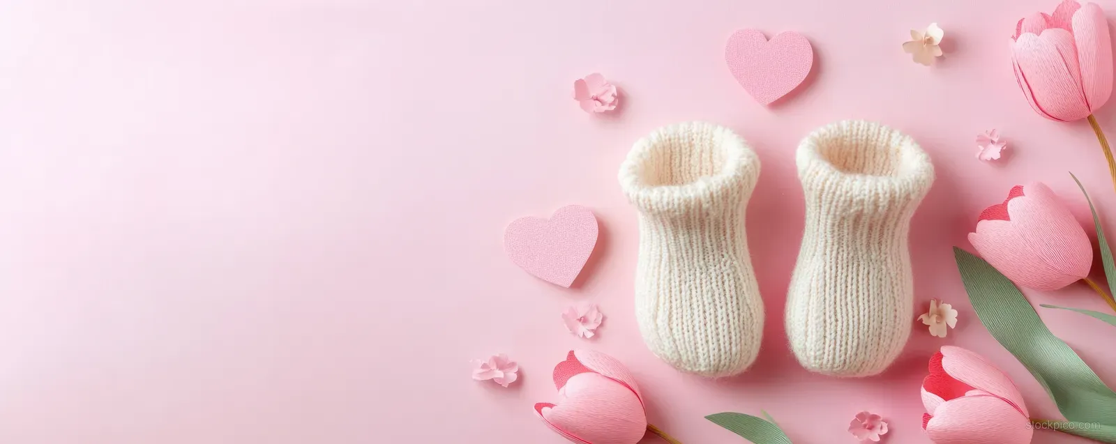 Two cream baby socks are arranged on a pink background with pink paper flowers and heart confetti around them.