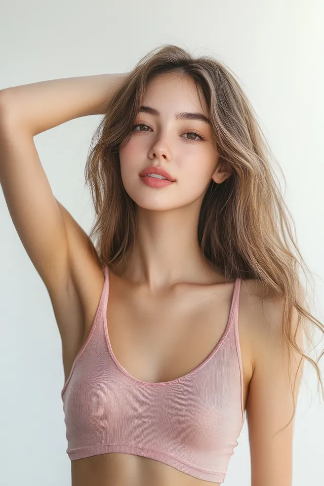Joven mujer asiática con camiseta sin mangas rosa suave levanta el brazo para mostrar la piel limpia de la axila sobre un fondo blanco de estudio.