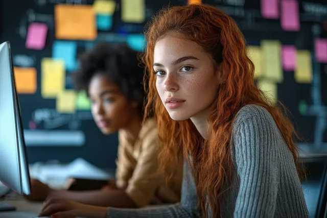 A freckled red-haired woman types at a computer in a creative office with colorful sticky notes and a blurred colleague behind.