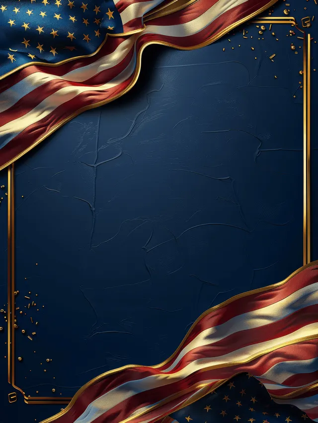 American flag waves across a dark blue textured background framed with ornate gold trim.