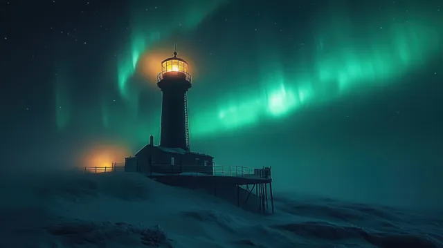 A solitary lighthouse shines over snowy fog as a green aurora spreads across the night sky.