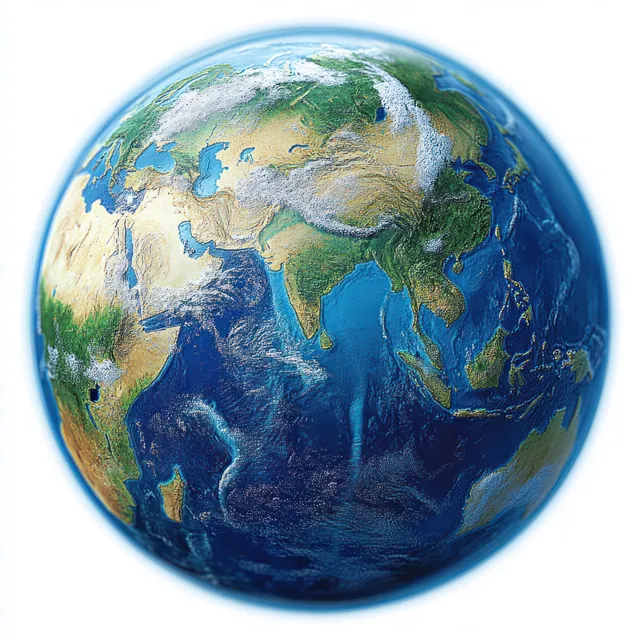 A 3D Earth globe on a white background showing colorful continents and detailed blue ocean lighting.