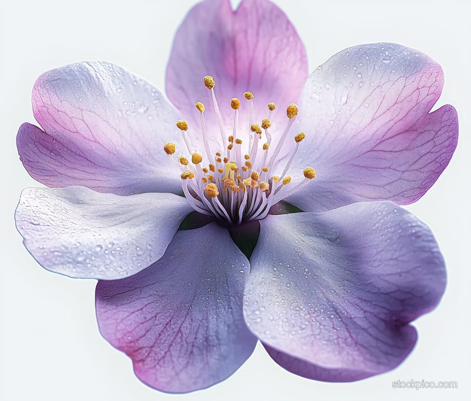 Purple and white flower close-up with droplets on petals and detailed yellow stamens on a light background.