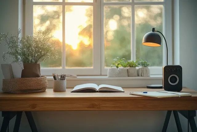Open notebook and black desk lamp on a wooden workspace beside small items, illuminated by warm window sunlight.