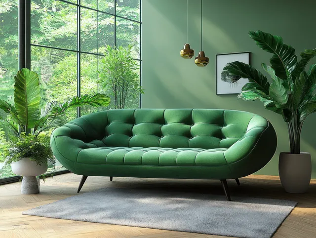Green velvet sofa in bright Scandinavian living room with plants and sunlit windows