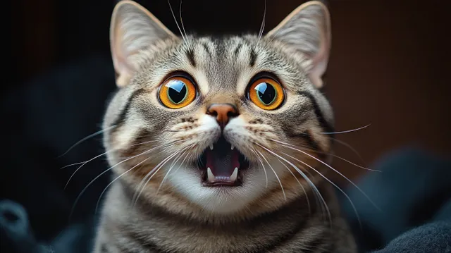 Surprised tabby cat with wide orange eyes and open mouth in dim indoor light