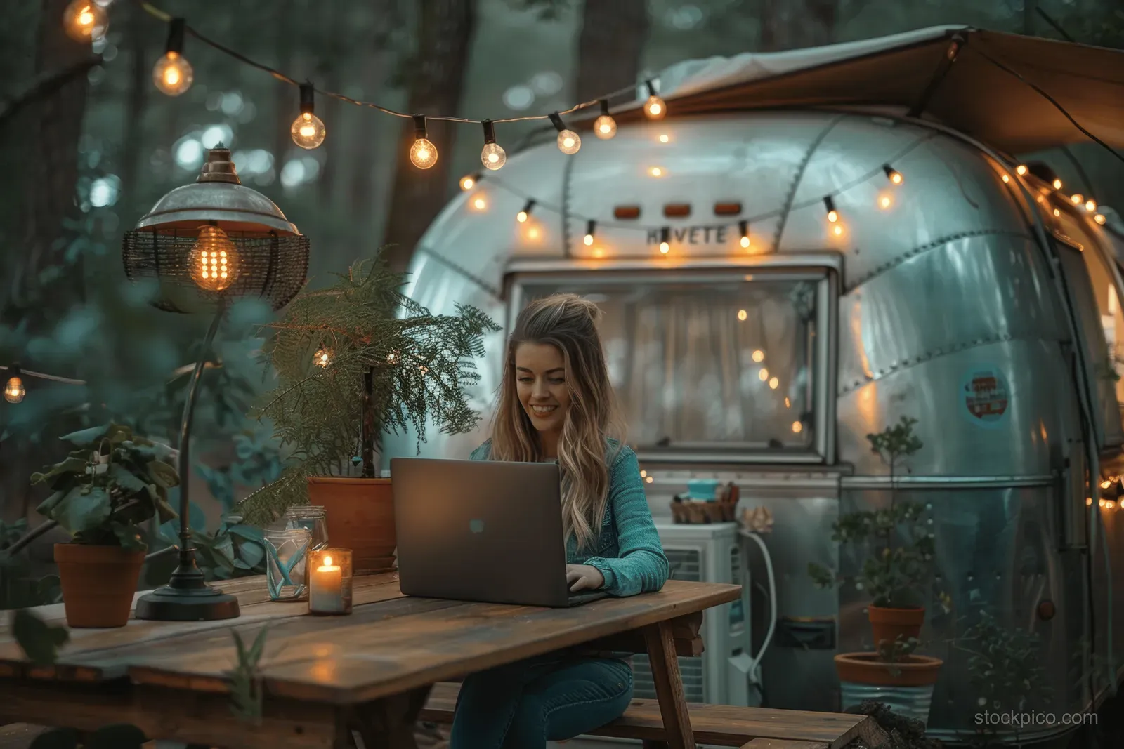 A woman sits at a wooden table typing on a laptop outside a vintage camper van with warm string lights.