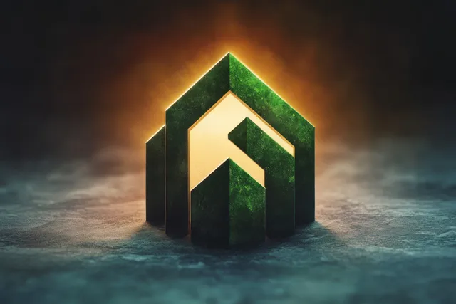 Golden-lit green geometric arrow shapes rising from a dark textured base