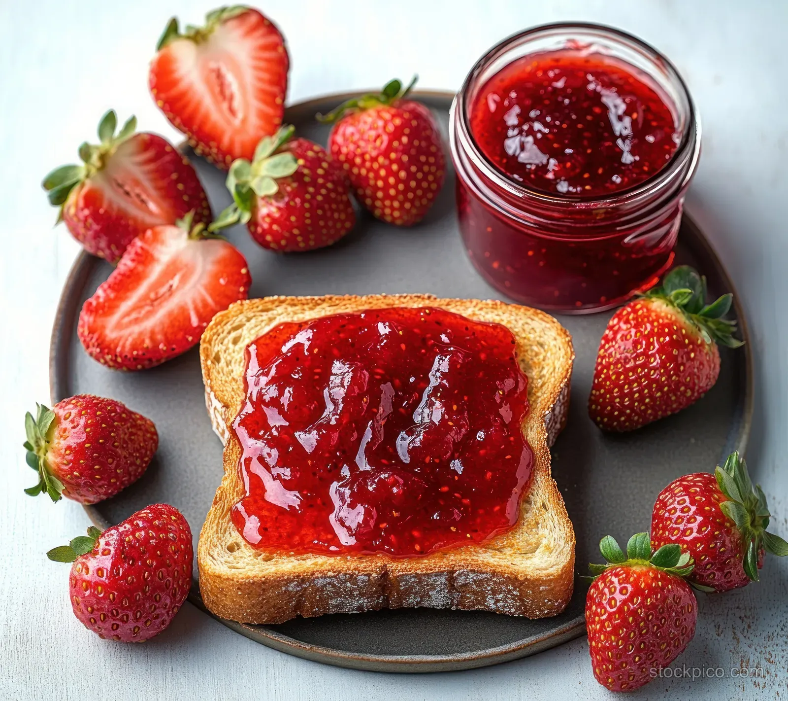 Toasted bread with glossy red strawberry jam on a grey plate beside fresh strawberries and a strawberry jam jar.