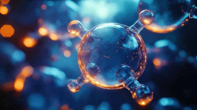Glowing molecular orb suspended in dark lab space with ethereal blue particles