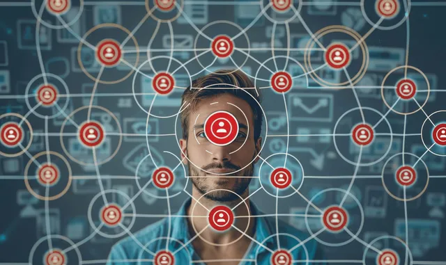 An executive silhouette stands before a digital corporate network grid with connected circular nodes and communication icons.