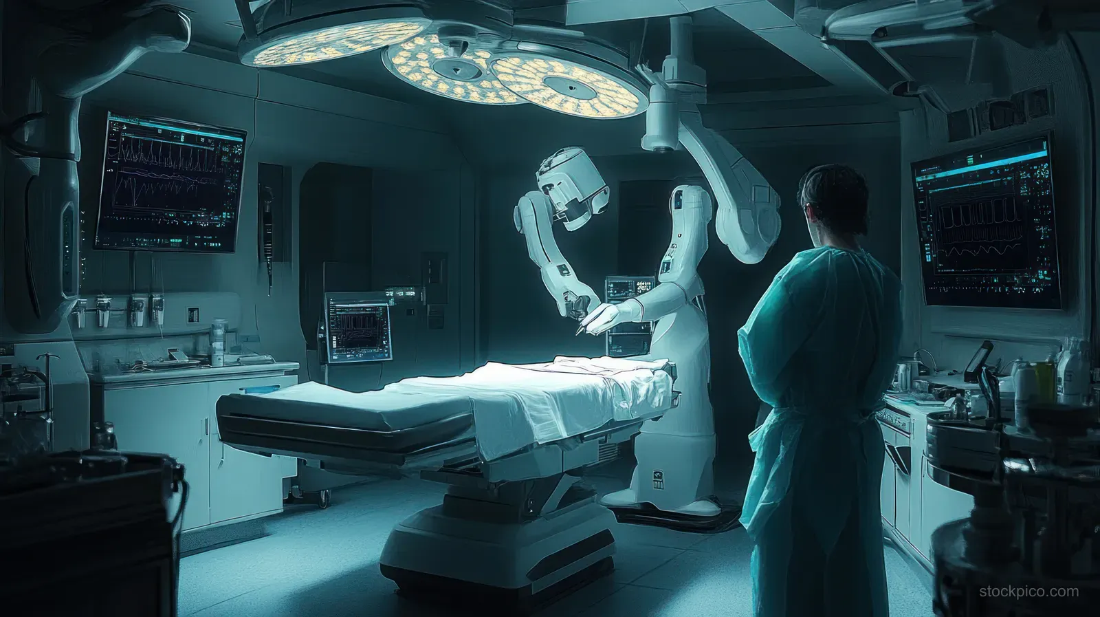 Surgeon stands beside a robotic arm over a patient table in a high-tech operating room with illuminated medical screens.