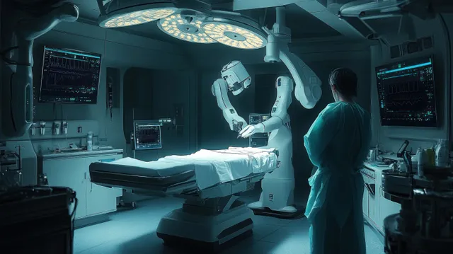 Surgeon stands beside a robotic arm over a patient table in a high-tech operating room with illuminated medical screens.