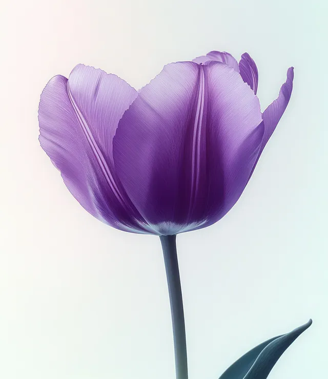 Close-up of a single purple tulip with delicate petals and green stem against a soft white background.