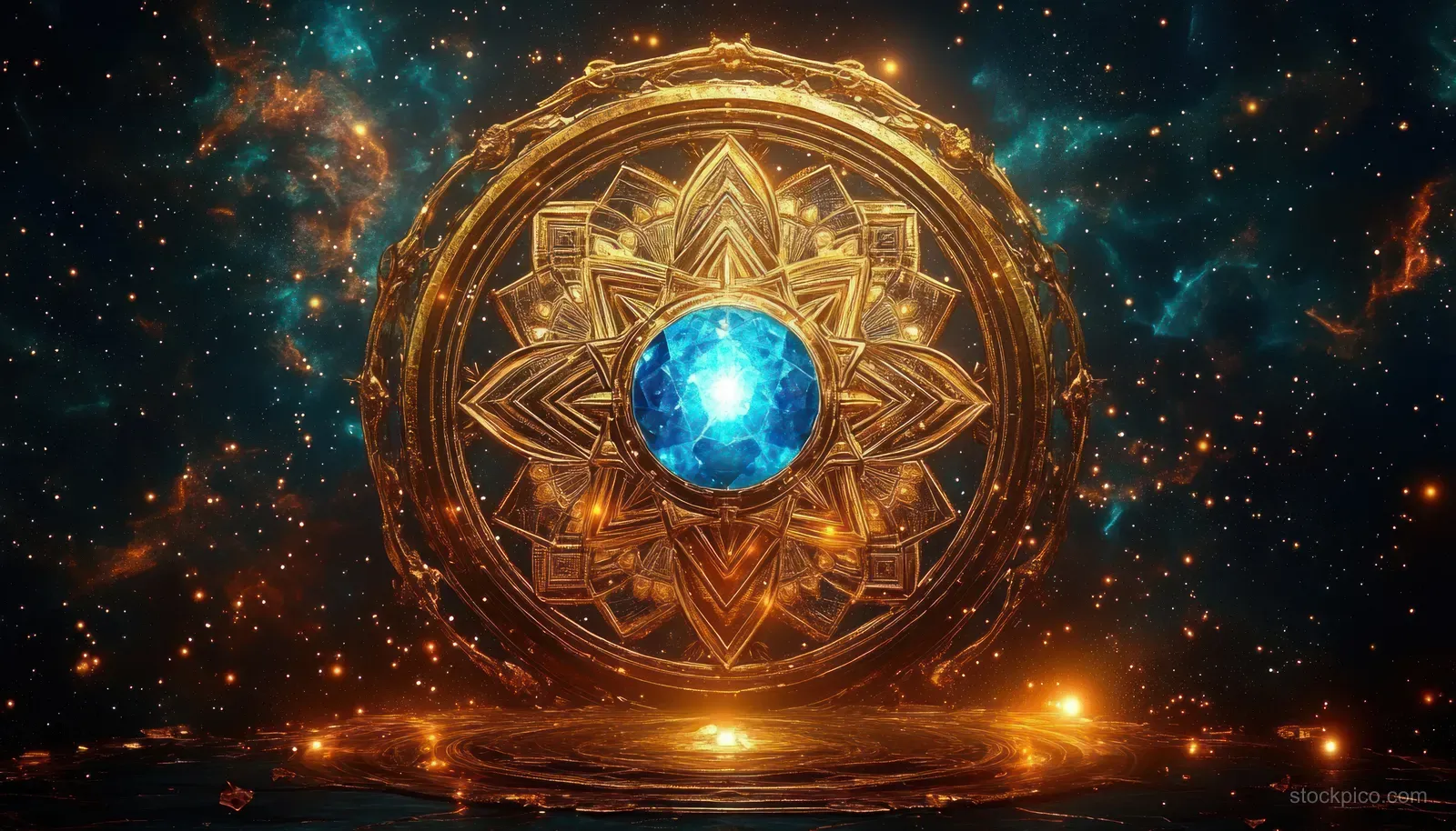 Ornate golden circular mandala with a glowing blue gem center floating over a starry cosmic background.