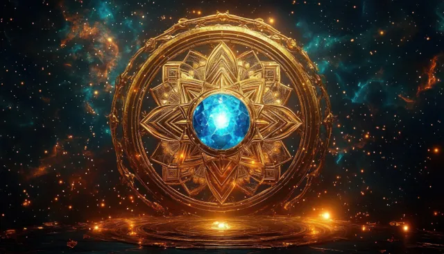 Ornate golden circular mandala with a glowing blue gem center floating over a starry cosmic background.