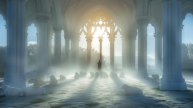 Empty white marble hall with tall columns and Gothic arches as sunlight streams through large windows.