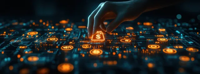 A hand places a dollar icon on a glowing digital budget grid filled with coin and expense symbols.