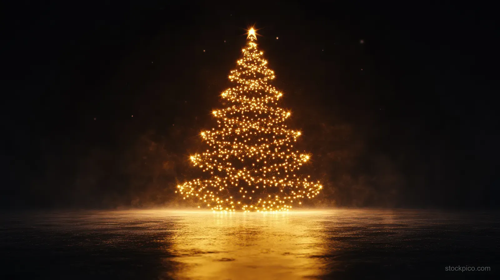 A golden Christmas tree with a star topper glows and reflects on a dark misty surface at night.