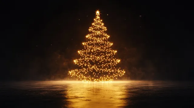 A golden Christmas tree with a star topper glows and reflects on a dark misty surface at night.