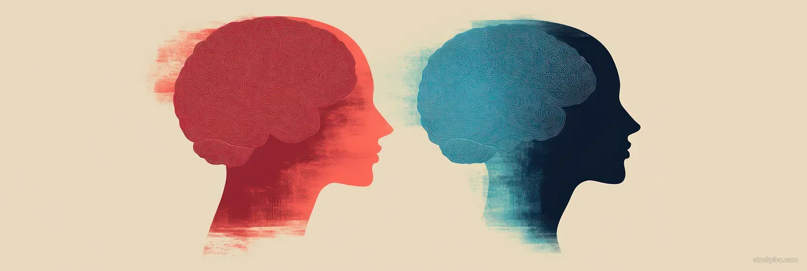 Two silhouetted heads in profile split into red and teal tones to show contrasting mood states.