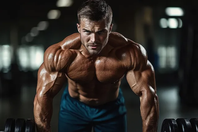 A muscular man holds push up form on gym floor, arms flexed, with blurred weights and lights behind.