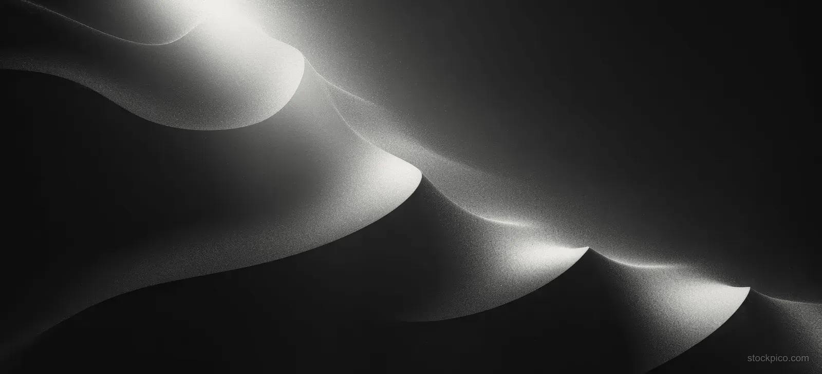 Glowing gradient ribbon curves form arcs across a dark gray grainy abstract background.