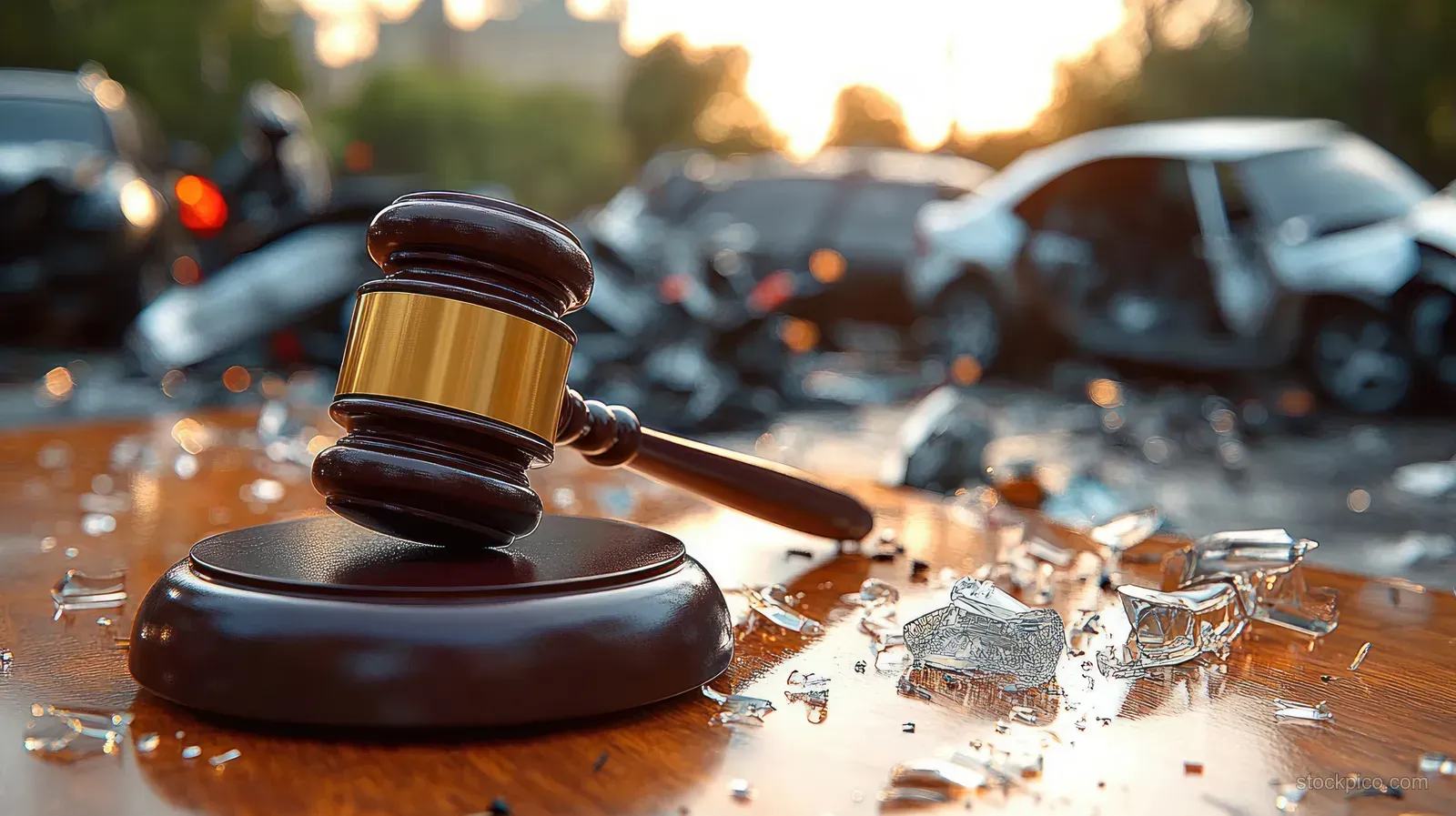 Wooden gavel with a golden band resting on a table scattered with shattered glass beside blurred accident-damaged cars at sunset.
