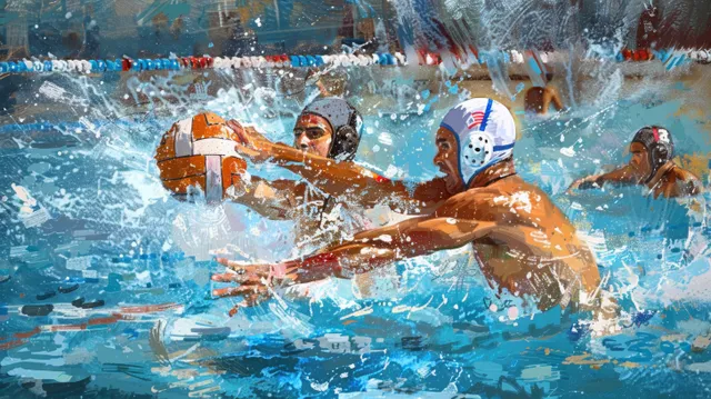 Water polo players clash in the pool reaching toward the goal as water splashes high during a match.