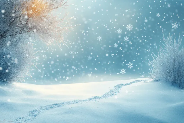 Snowflakes fall over a snow-covered hill with blue winter sky and frosted bushes in the background.