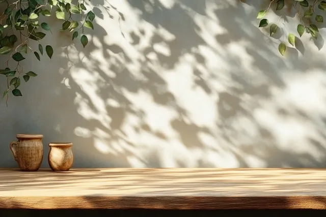 Wood table under leaf shadows, beige wall background, minimalist summer interior scene