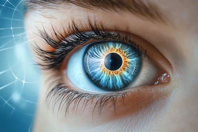 Extreme close-up of a human eye with long eyelashes, a blue iris, and a fiery orange ring with light reflections.