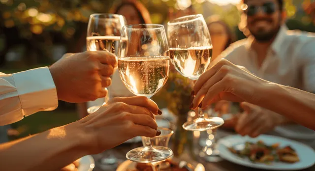 Friends clink white wine glasses around a backyard dinner table under warm sunset light.