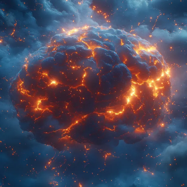 Glowing brain surrounded by electric lightning and orange sparks in a dark storm background.