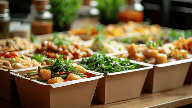 Asian meal takeout in eco paper boxes on a kitchen counter with fresh herbs