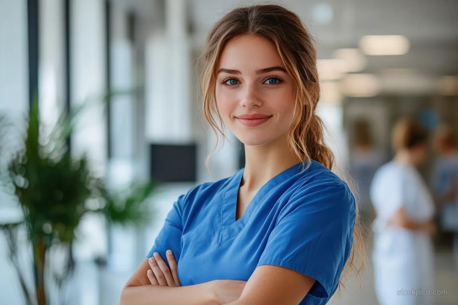 Nurse in blue scrubs stands with arms crossed in a hospital corridor, with natural daylight and blurred people behind.