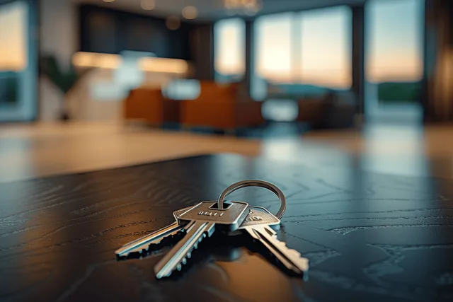 Set of keys on table in modern apartment with blurred interior