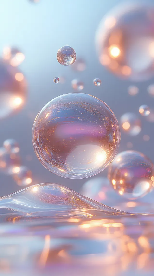 Transparent iridescent bubbles floating in soft ambient light with rainbow reflections and smooth highlights.