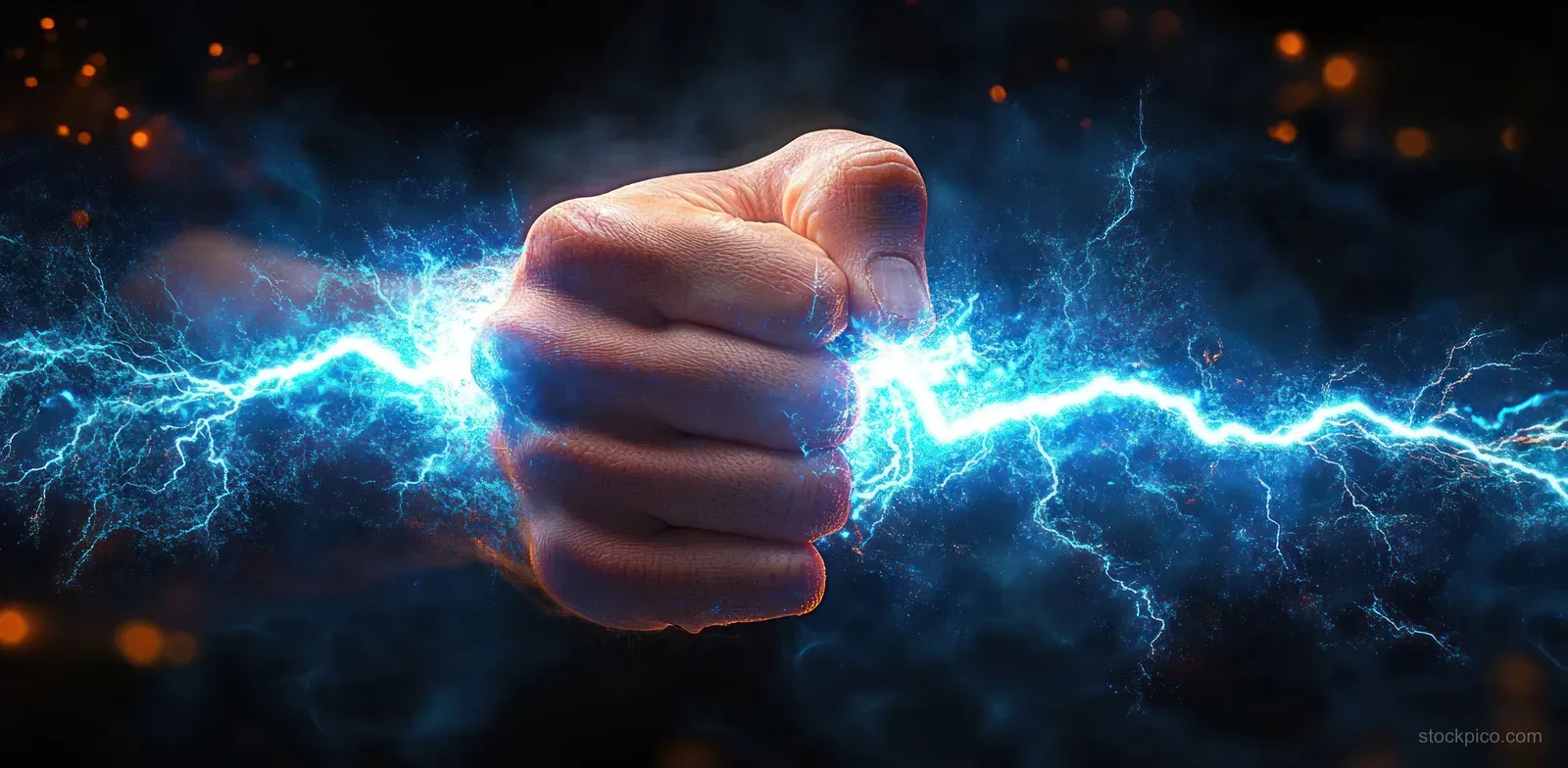 A clenched fist grips a bright blue lightning bolt with glowing sparks in a dark smoky setting.
