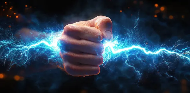 A clenched fist grips a bright blue lightning bolt with glowing sparks in a dark smoky setting.