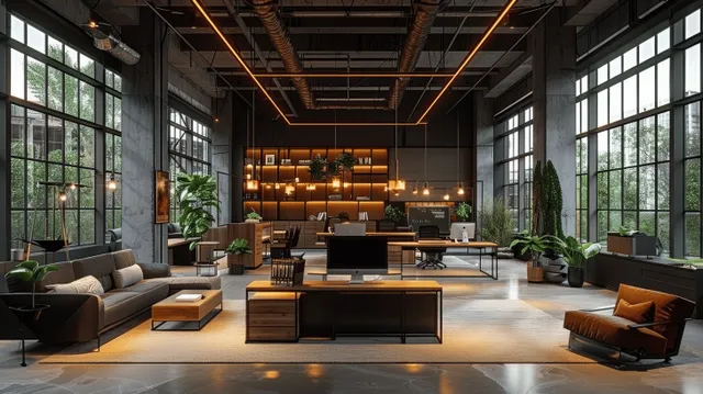 Industrial office lounge with glass windows, metal ceiling grid, dark walls, and seating under warm pendant lights.