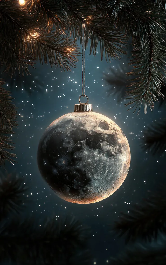 A glowing moon ornament hangs from pine branches beneath a starry night sky.